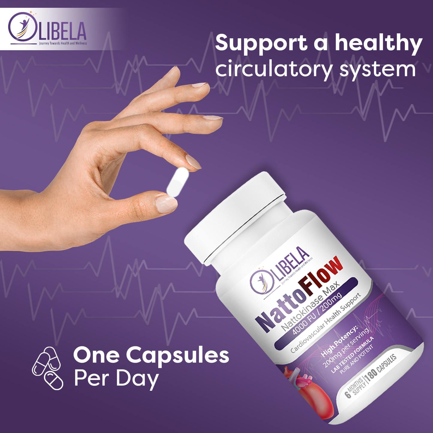 OLIBELA Nattokinase 4,000FU 180 Capsules - Heart Health & Blood Flow. Vegan & Non-GMO