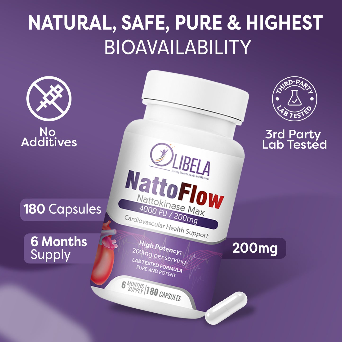 OLIBELA Nattokinase 4,000FU 180 Capsules - Heart Health & Blood Flow. Vegan & Non-GMO