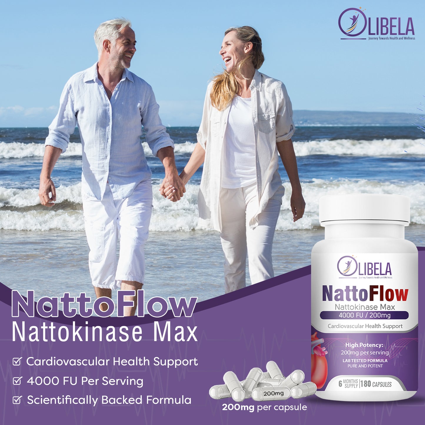 OLIBELA Nattokinase 4,000FU 180 Capsules - Heart Health & Blood Flow. Vegan & Non-GMO