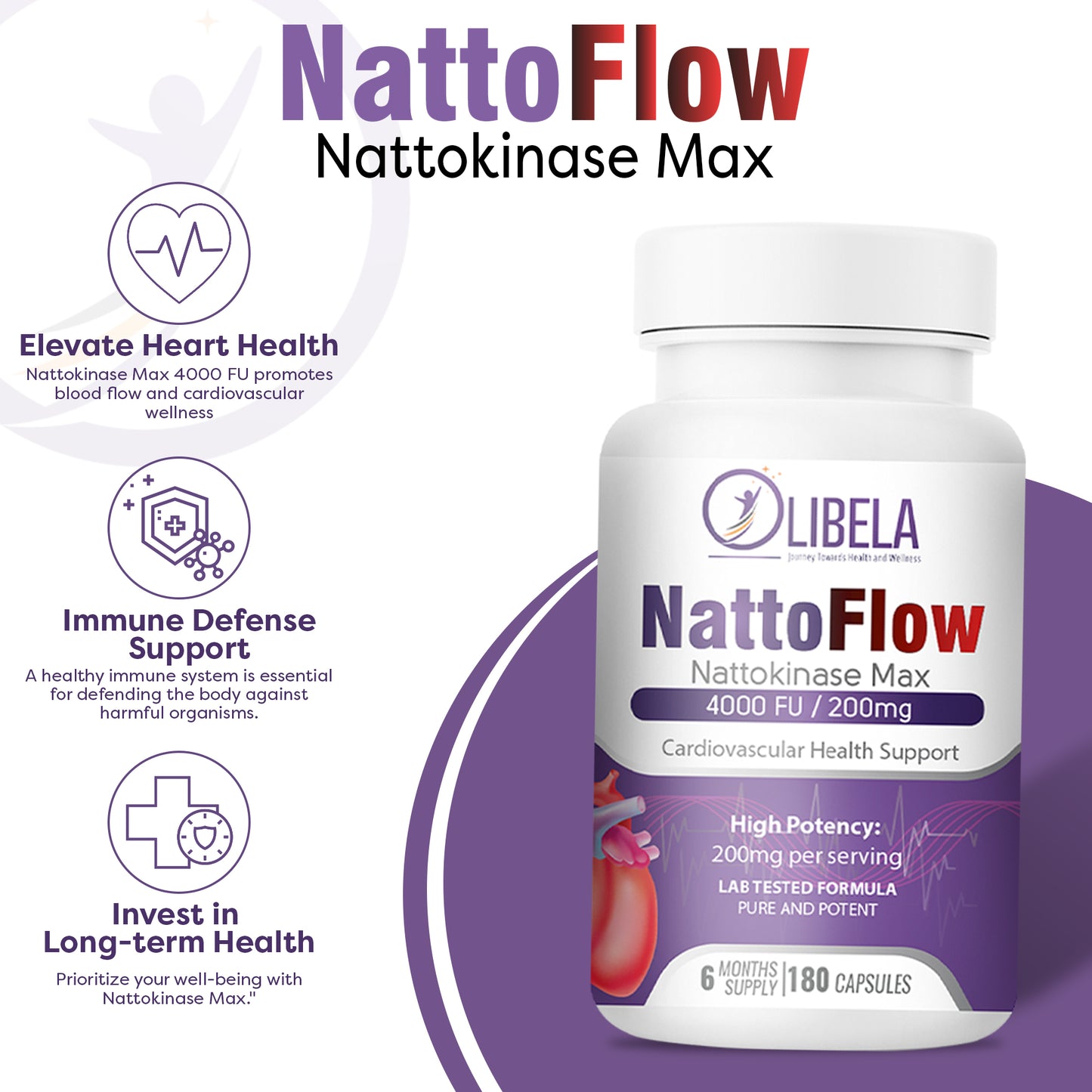 OLIBELA Nattokinase 4,000FU 180 Capsules - Heart Health & Blood Flow. Vegan & Non-GMO
