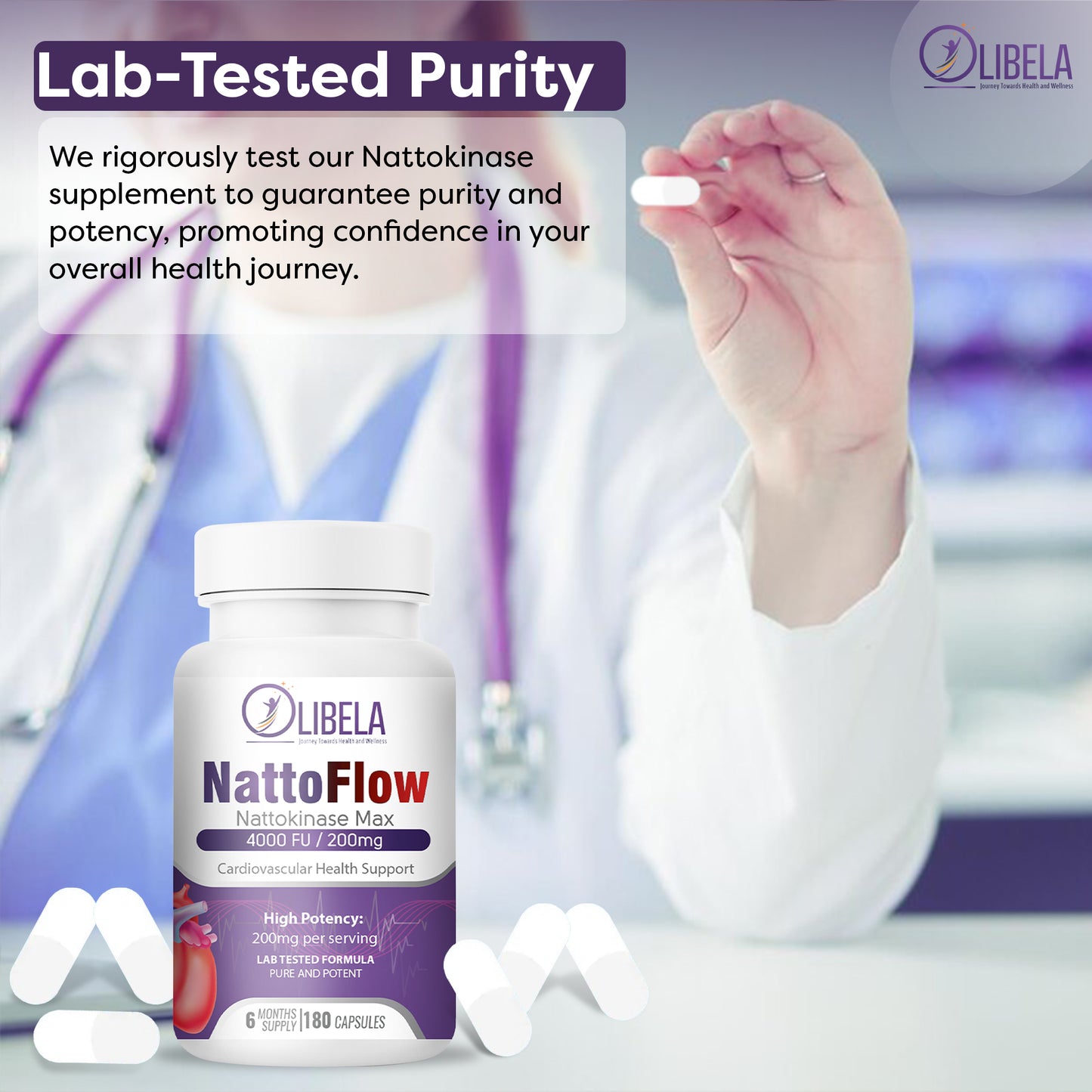 OLIBELA Nattokinase 4,000FU 180 Capsules - Heart Health & Blood Flow. Vegan & Non-GMO