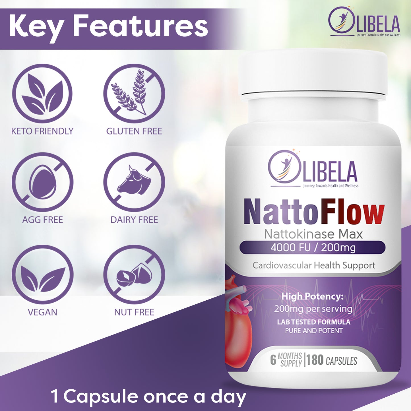 OLIBELA Nattokinase 4,000FU 180 Capsules - Heart Health & Blood Flow. Vegan & Non-GMO