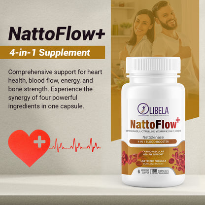 Olibela NattoFlow+ 4 en 1 Nattokinase, L-citrulina, CoQ10, vitamina K2 MK-7, 180 cápsulas