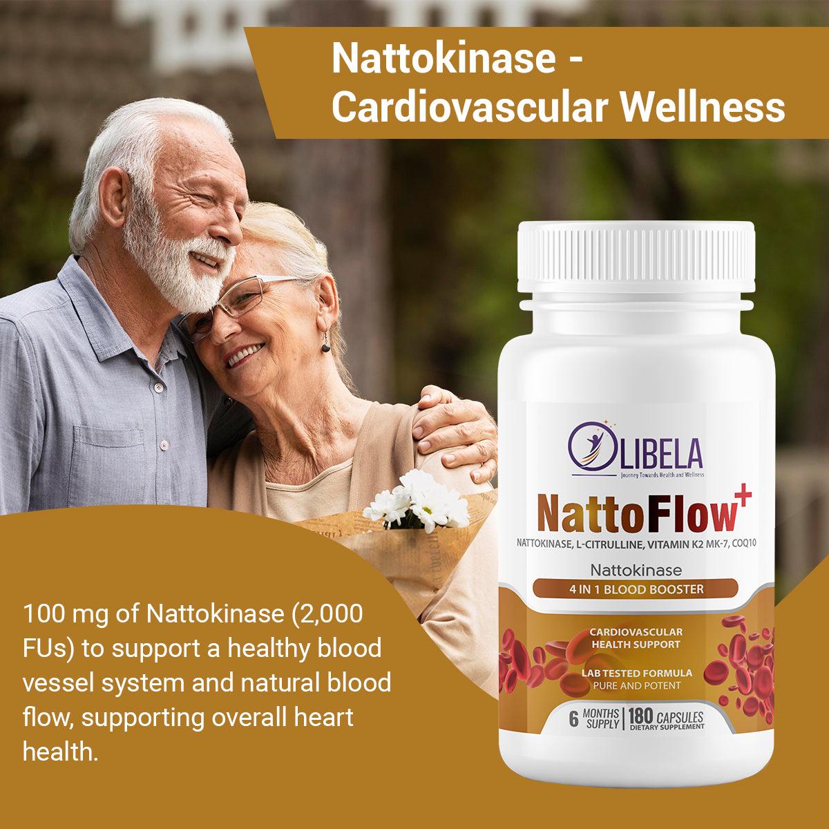 Olibela NattoFlow+ 4 em 1 Nattokinase, L-Citrulina, CoQ10, Vitamina K2 MK-7, 180 Cápsulas