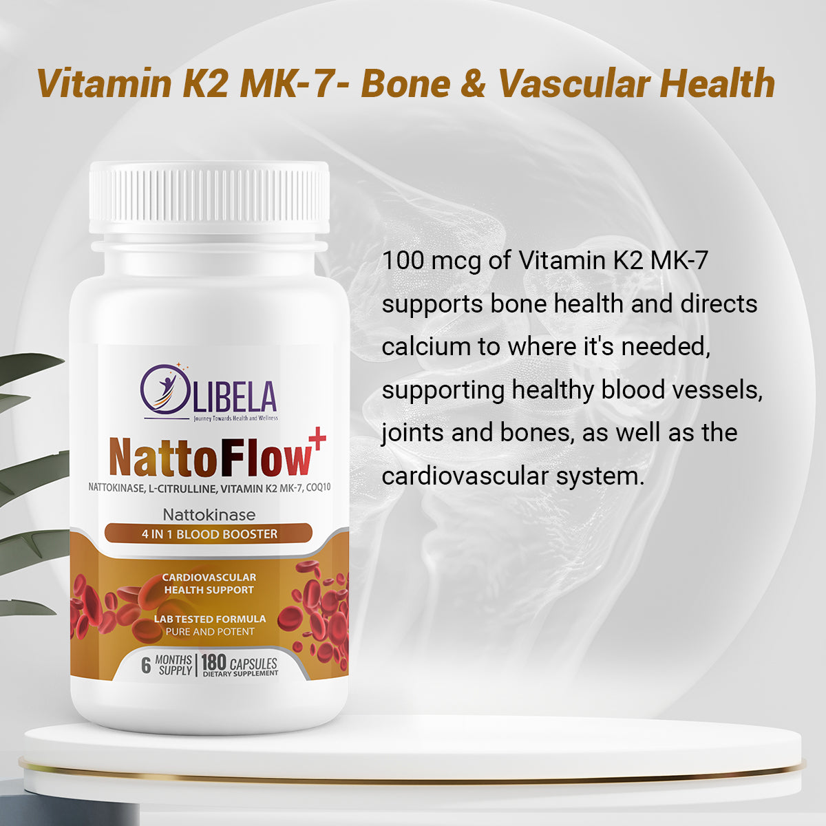 Olibela NattoFlow+ 4 in 1 Nattokinase, L-Citrulline, CoQ10, Vitamin K2 MK-7, 180 Capsules