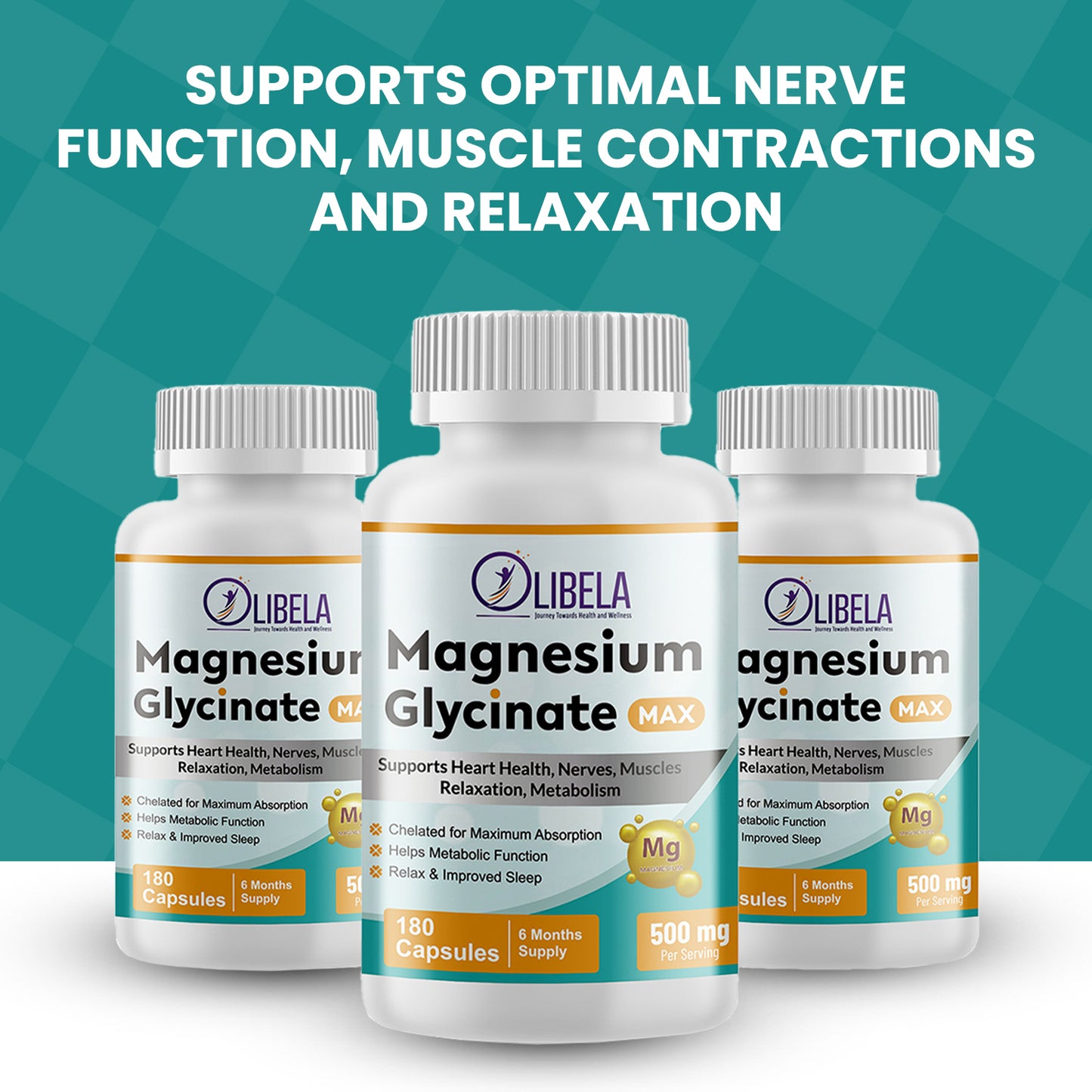 Olibela Magnesium Glycinate Chelated 500 mg. Support Relax, Sleep, Cardiovascular Health