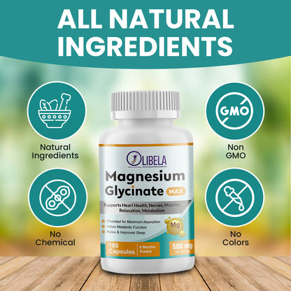 Olibela Magnesium Glycinate Chelated 500 mg. Support Relax, Sleep, Cardiovascular Health