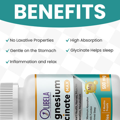 Olibela Magnesium Glycinate Chelated 500 mg. Support Relax, Sleep, Cardiovascular Health