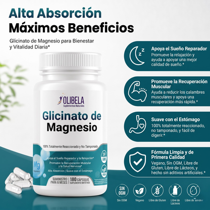 Olibela Magnesio Glicinato Quelado 500 mg. Favorece la Relajación, el Sueño y la Salud Cardiovascular