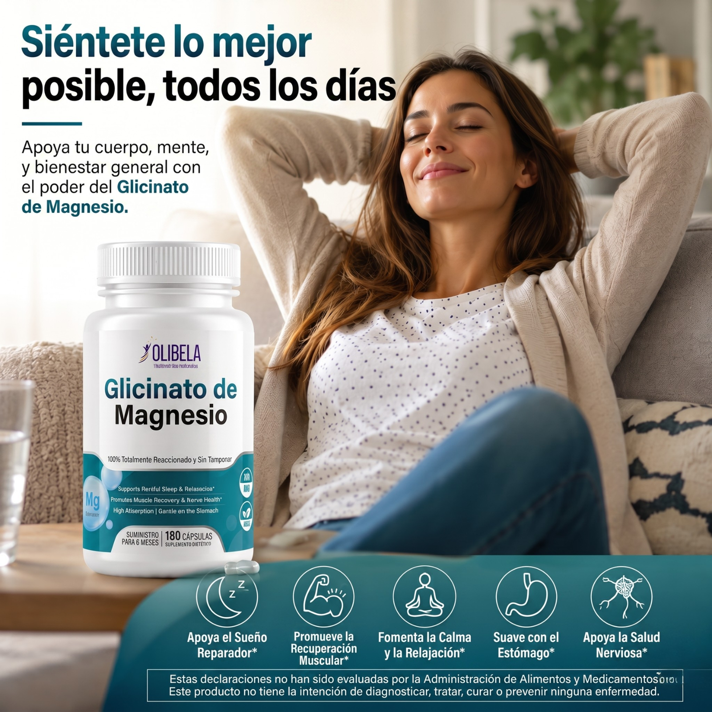 Olibela Magnesio Glicinato Quelado 500 mg. Favorece la Relajación, el Sueño y la Salud Cardiovascular