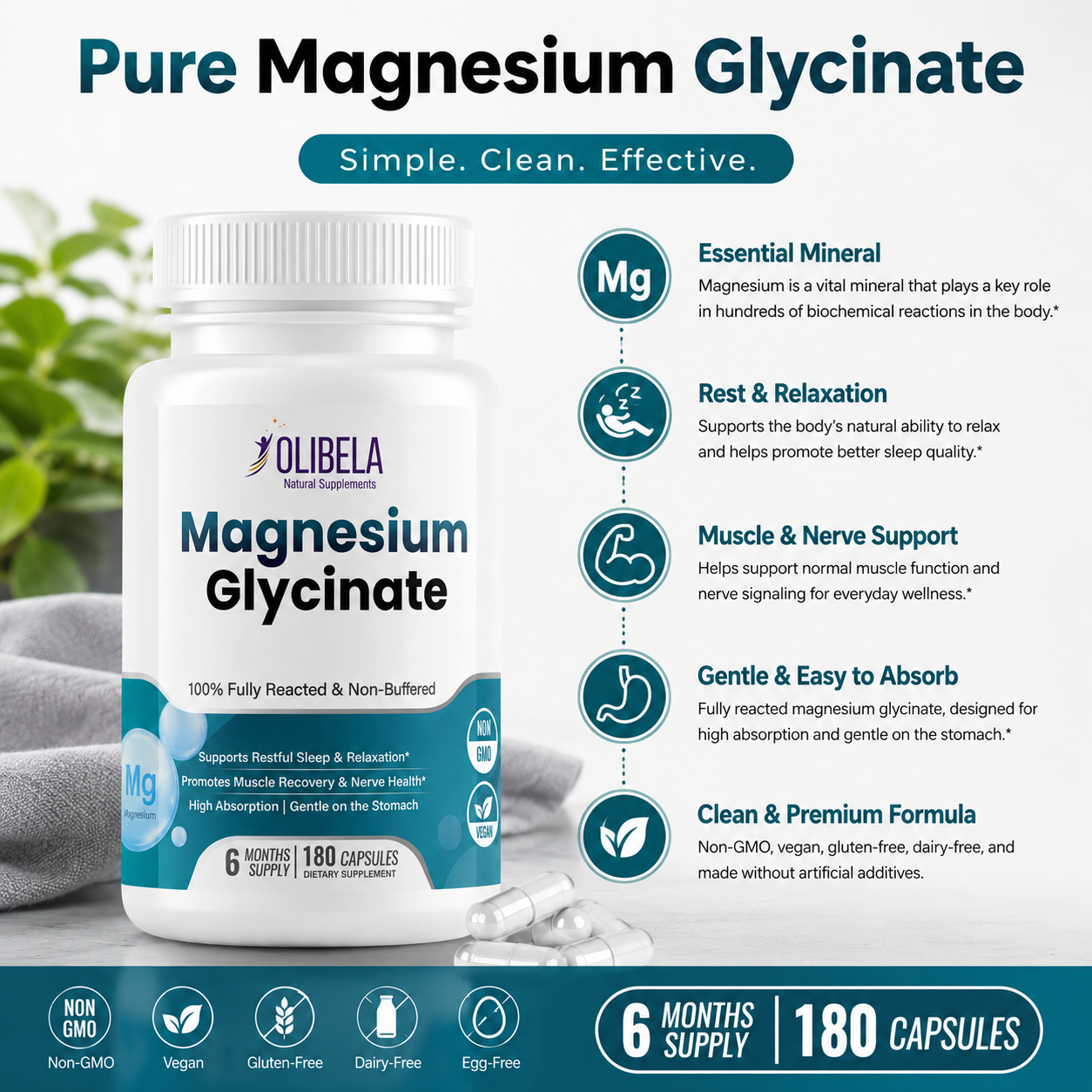 Olibela Magnésio Glicinato Quelatado 500 mg. Suporte Relax, Sono, Saúde Cardiovascular
