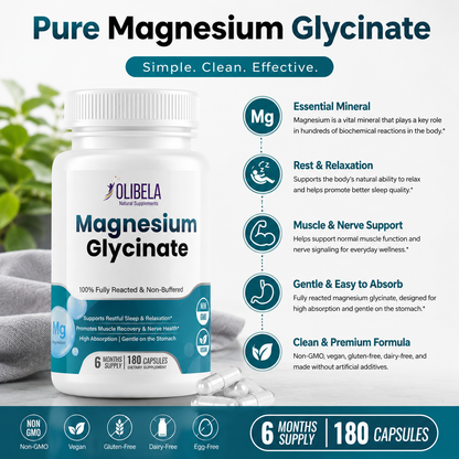 Olibela Magnésio Glicinato Quelatado 500 mg. Suporte Relax, Sono, Saúde Cardiovascular