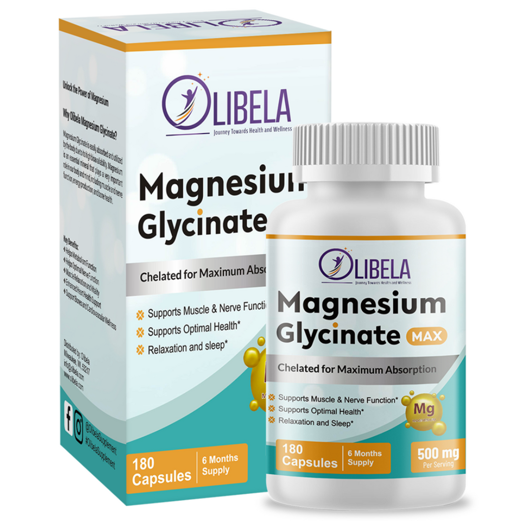Olibela Magnesium Glycinate Chelated 500 mg. Support Relax, Sleep, Cardiovascular Health