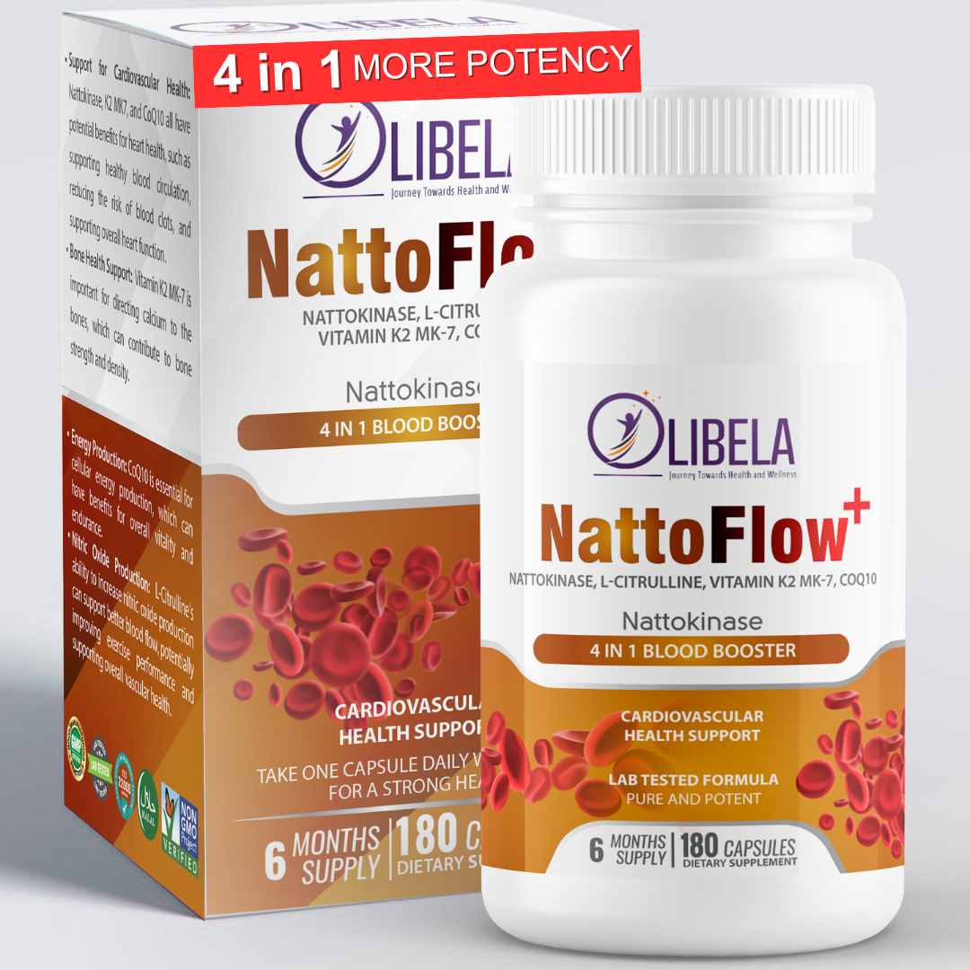 Olibela NattoFlow+ 4 en 1 Nattokinase, L-citrulina, CoQ10, vitamina K2 MK-7, 180 cápsulas