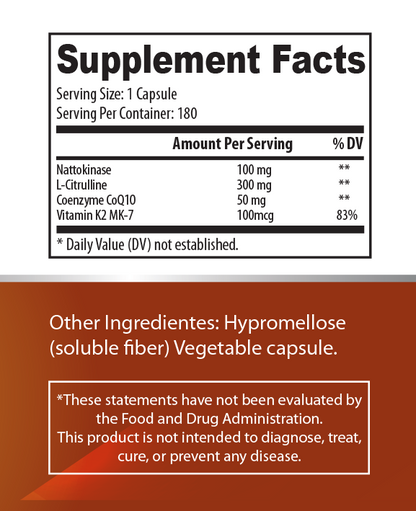 Olibela NattoFlow+ 4 en 1 Nattokinase, L-citrulina, CoQ10, vitamina K2 MK-7, 180 cápsulas