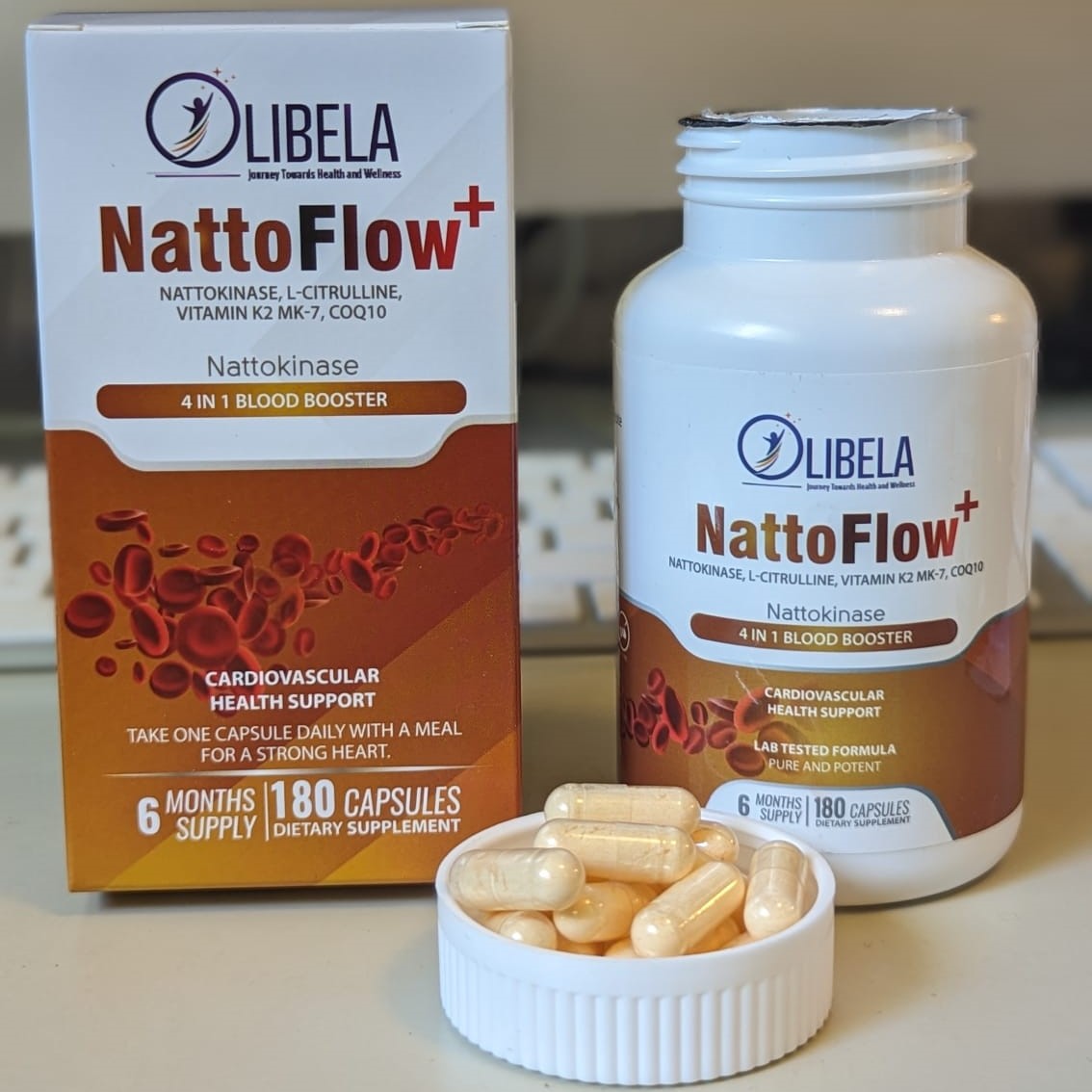 Olibela NattoFlow+ 4 em 1 Nattokinase, L-Citrulina, CoQ10, Vitamina K2 MK-7, 180 Cápsulas