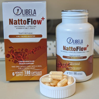 Olibela NattoFlow+ 4 in 1 Nattokinase, L-Citrulline, CoQ10, Vitamin K2 MK-7, 180 Capsules