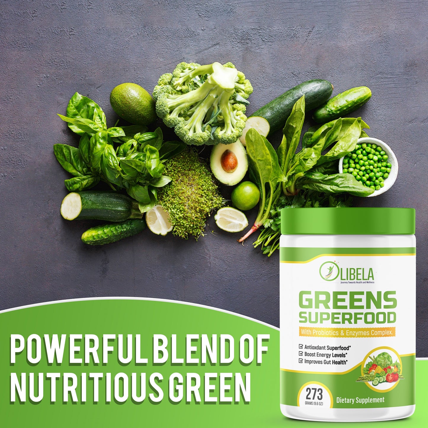 Greens Powder Superfood: con probióticos y prebióticos, complejo de enzimas digestivas. 273 g (9,6 oz)