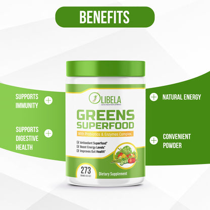 Greens Powder Superfood: con probióticos y prebióticos, complejo de enzimas digestivas. 273 g (9,6 oz)