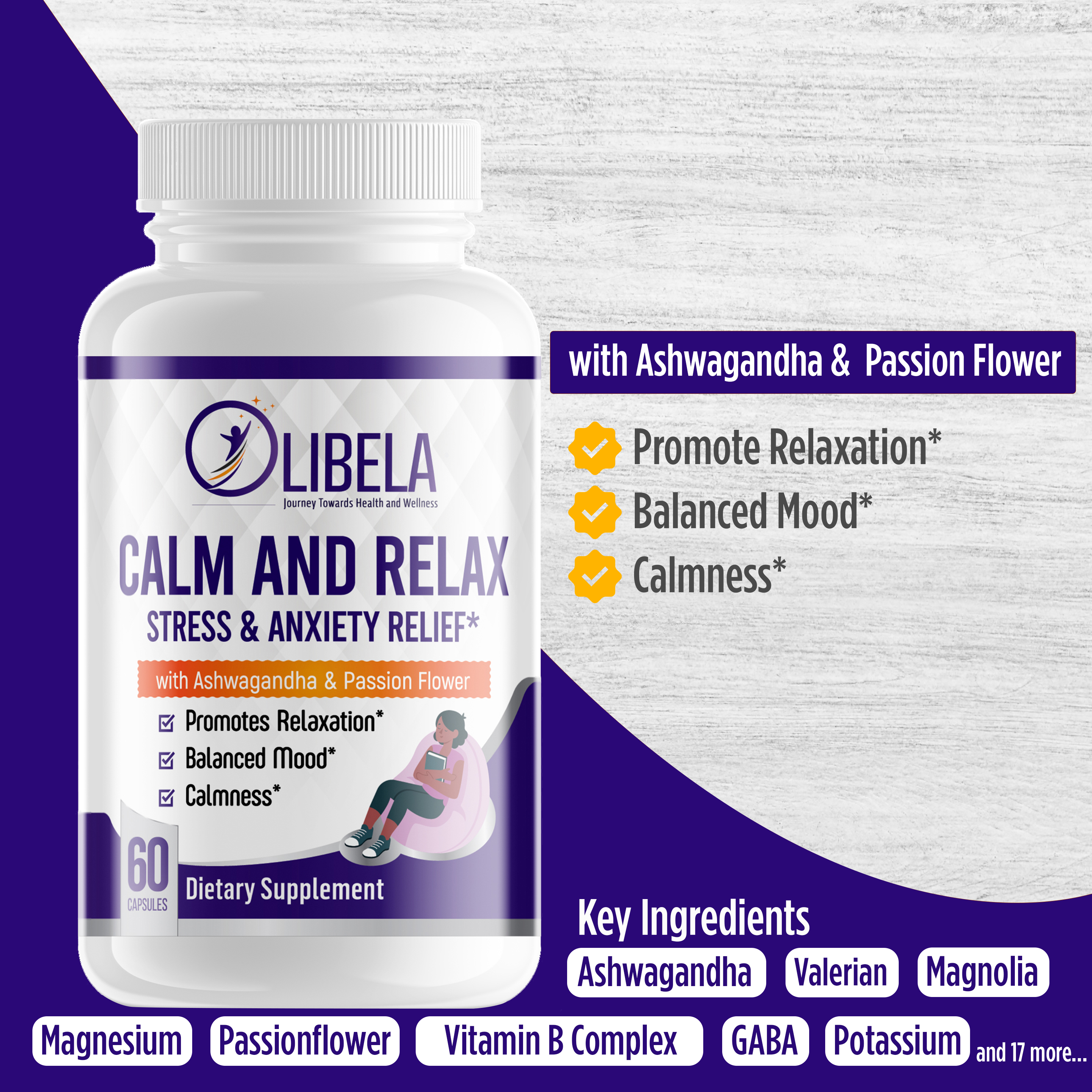 CALM AND RELAX - Stress & Anxiety Relief*. Reduce Anxiety, Healthy Sleep Cycles, Relaxation, Reduce Mental Fatigue And Improve Mood, 60 Caps.