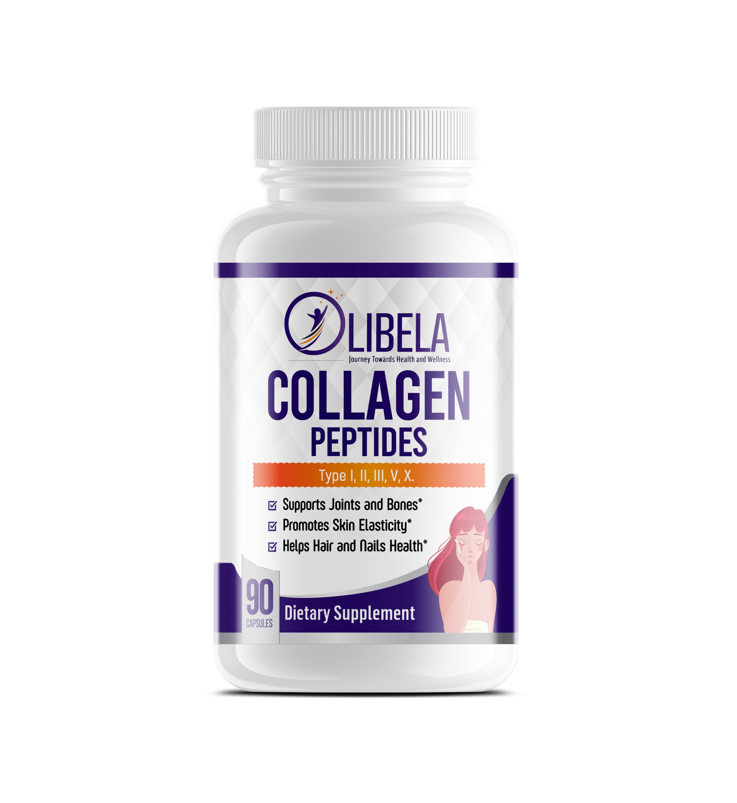 Collagen Peptides Type I, II, III, V & X - Supports Skin Elasticity, Hair Growth, Skin Hydration, Joint Health, Cardiovascular Health, Digestive Health, Dental Health, and Wound Healing, 90 Caps.