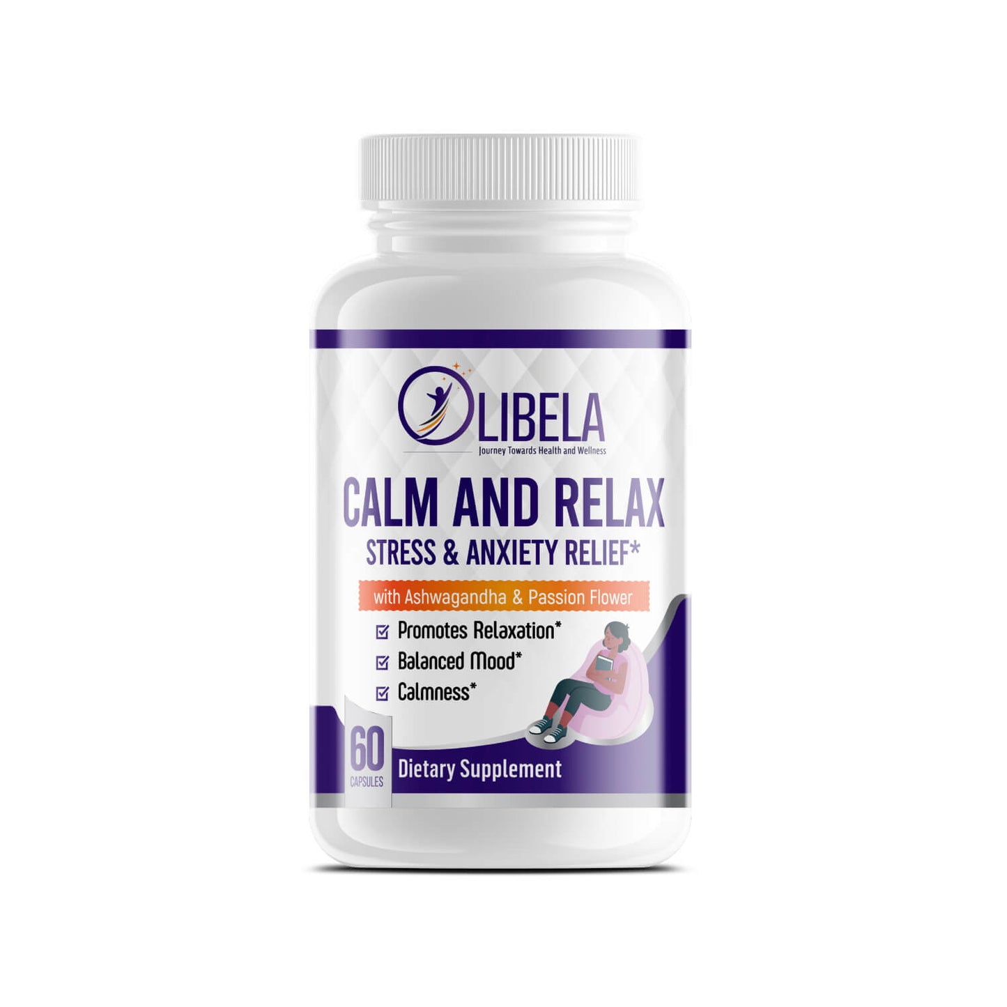 Olibela Calm &amp; Relax - Alívio do estresse e da ansiedade, redução da ansiedade, ajuda nos ciclos do sono, relaxamento e fadiga mental, 60 cápsulas.